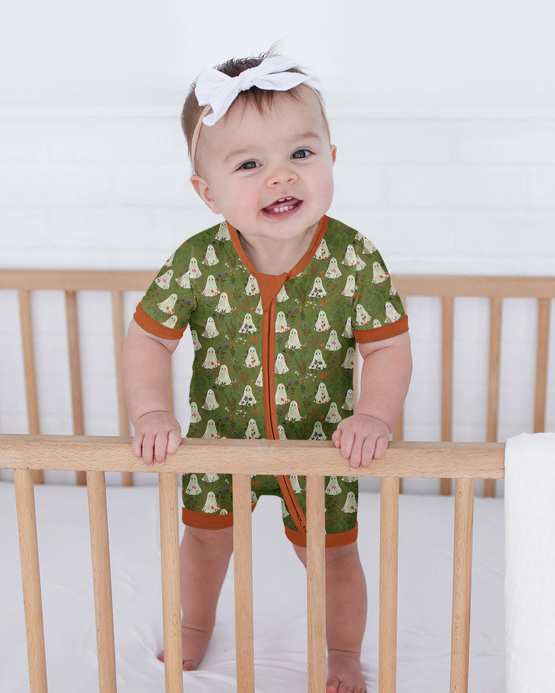 Cute Ghost Halloween Moss Green Floral Bamboo Shorty Zippy