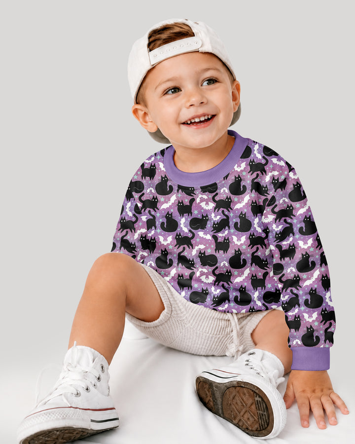 Spooky Black Cat Halloween Purple Bats Bamboo Crewneck Sweatshirt