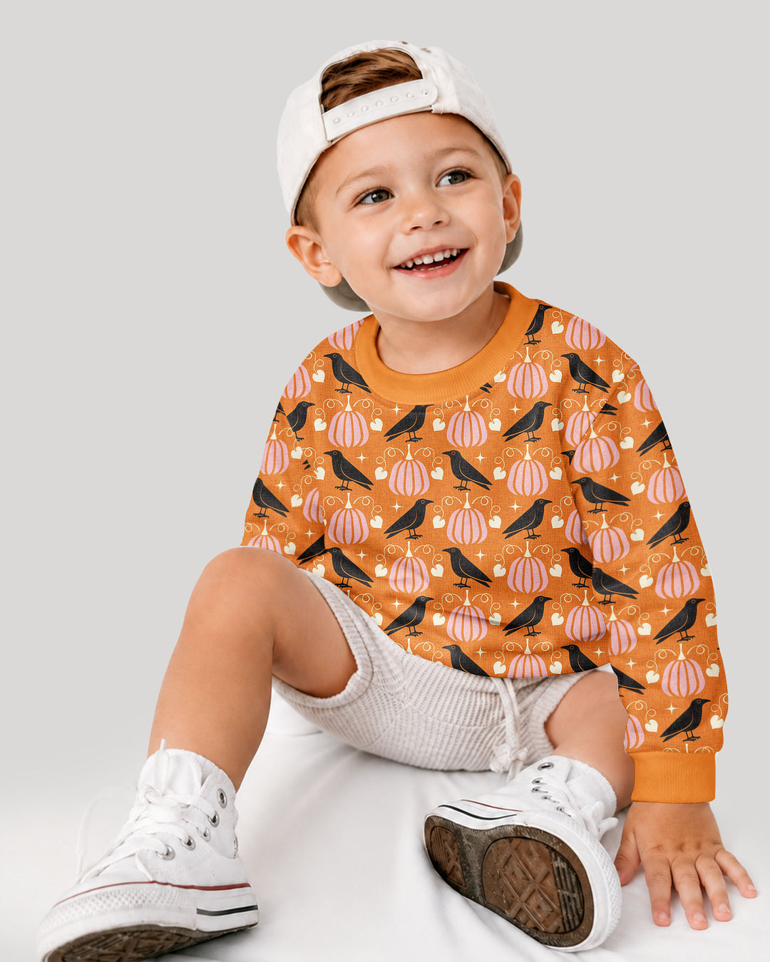 Ravens in a Pumpkin Patch - Orange Pink Bamboo Crewneck Sweatshirt