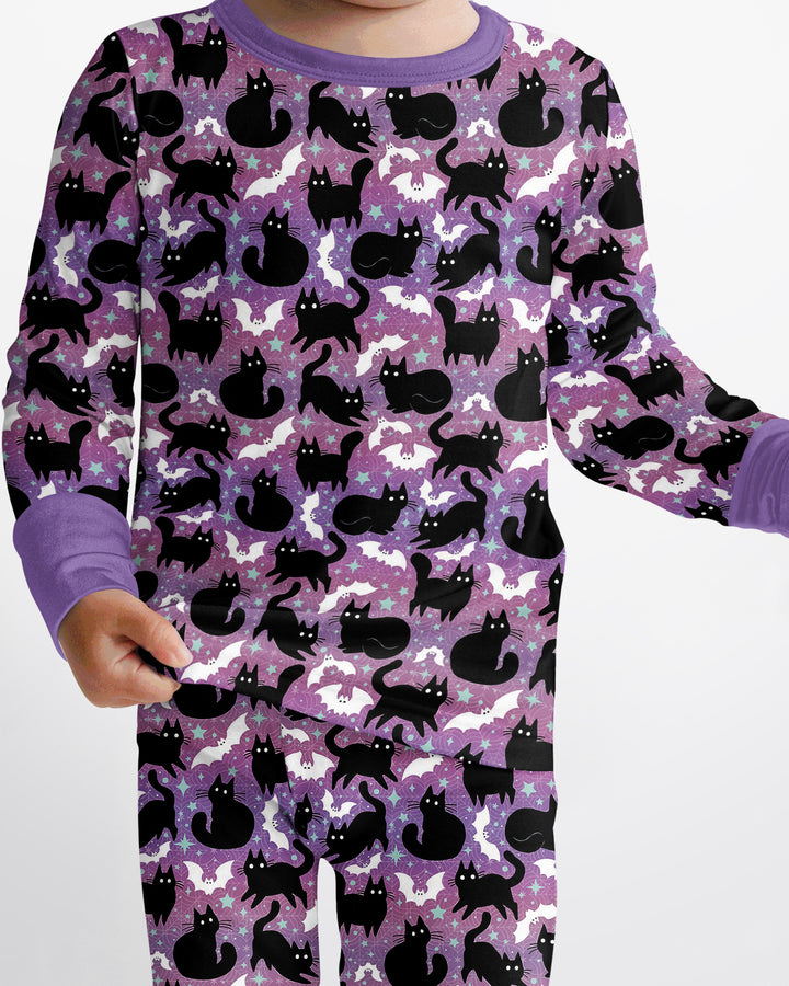 Spooky Black Cat Halloween Purple Bats Bamboo Two Piece Long Sleeve Pajama Set