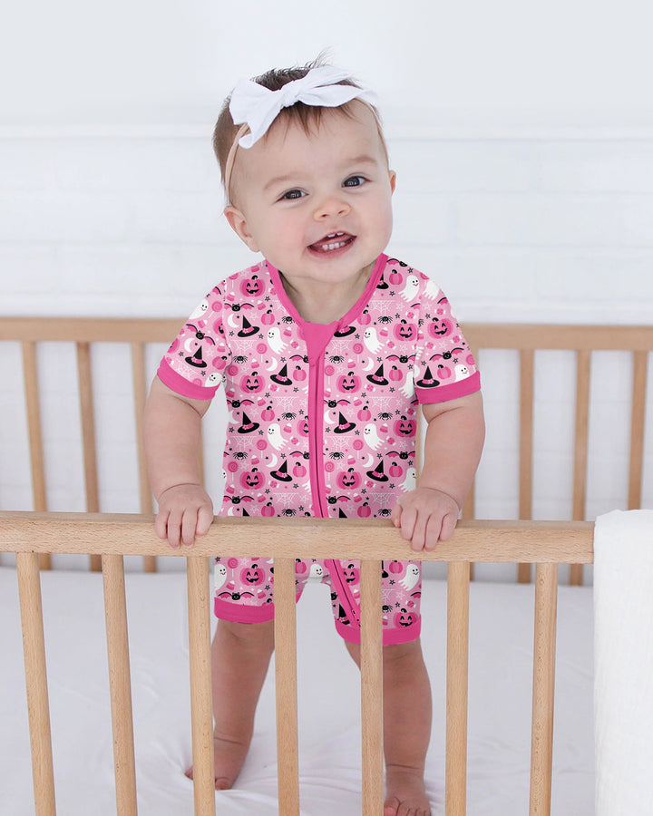 Cute Pink Halloween Ghost Pumpkin Witch Bamboo Shorty Zippy