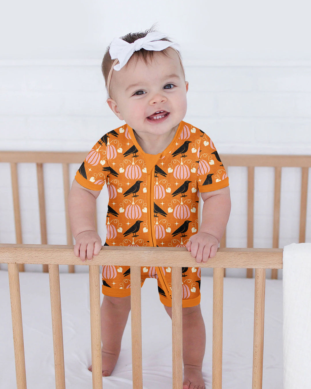 Ravens in a Pumpkin Patch - Orange Pink Bamboo Shorty Zippy