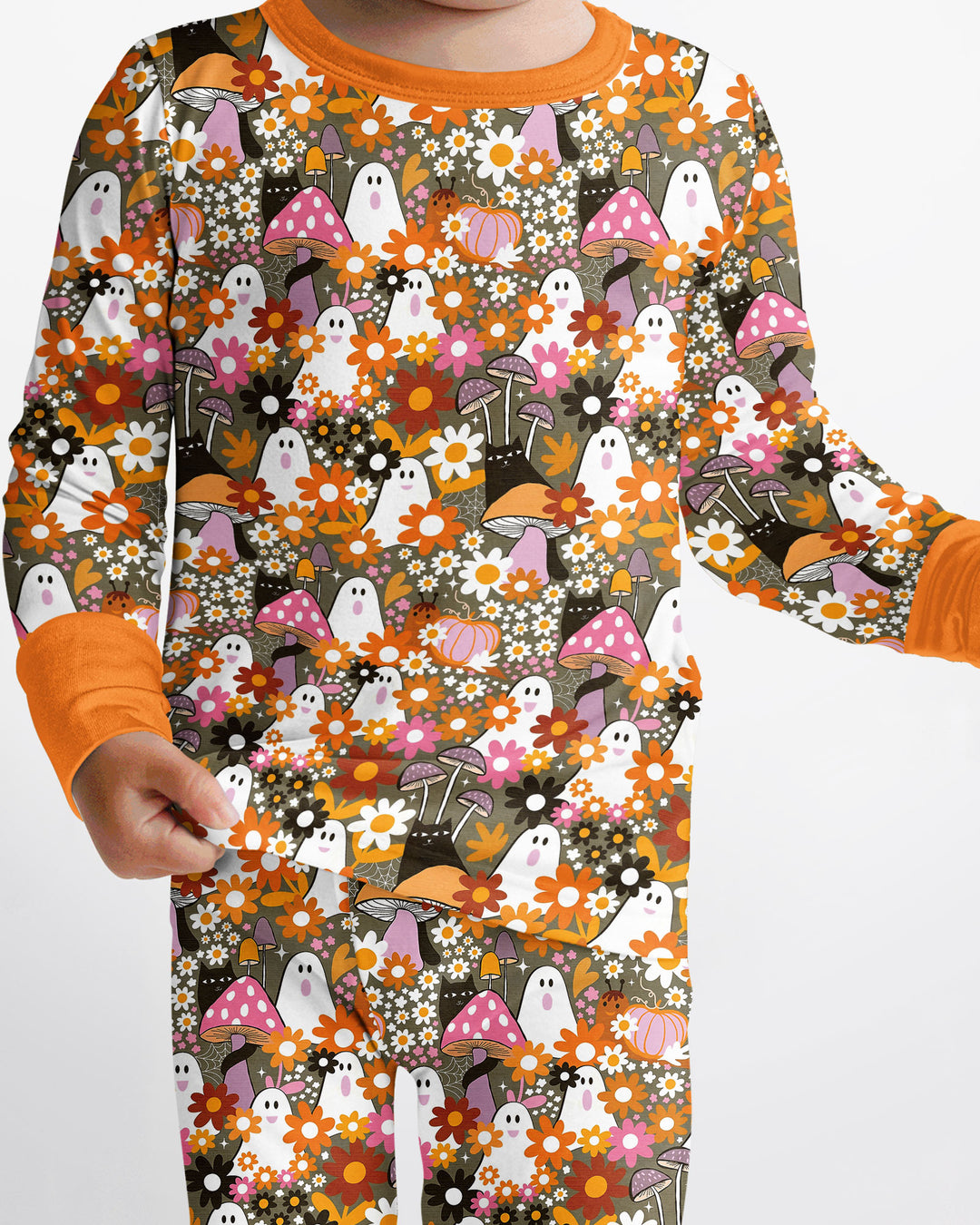 Retro Ghost Mushroom Floral Halloween Bamboo Two Piece Long Sleeve Pajama Set