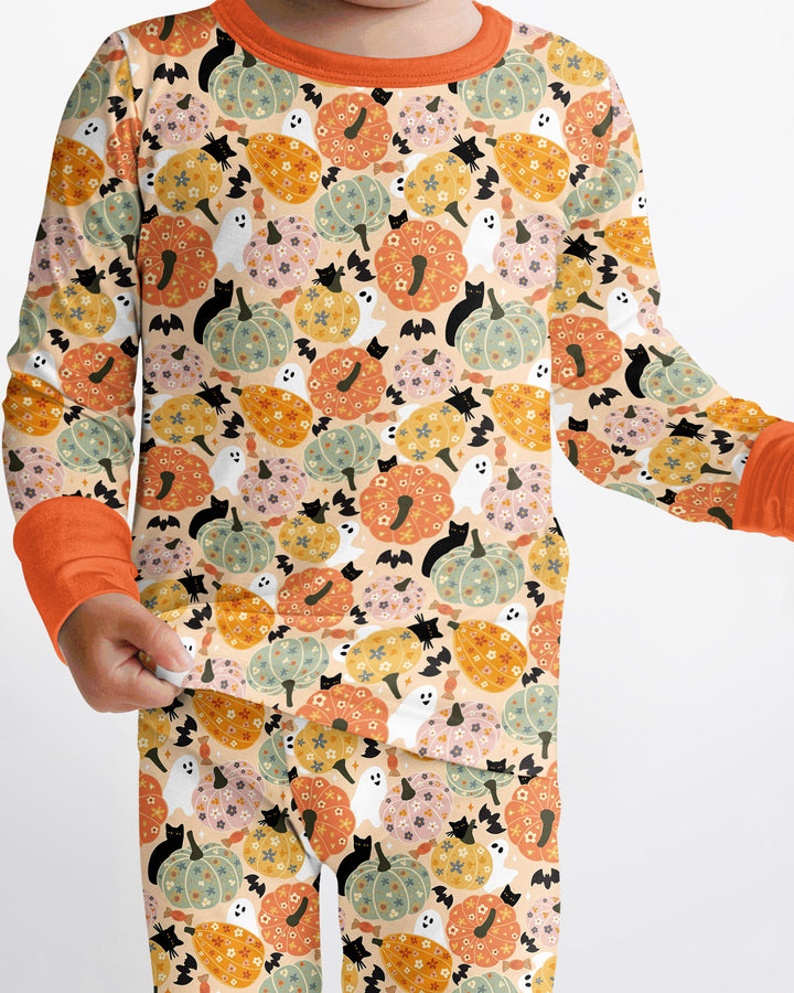 Floral Pumpkin Ghost Halloween Bamboo Two Piece Long Sleeve Pajama Set