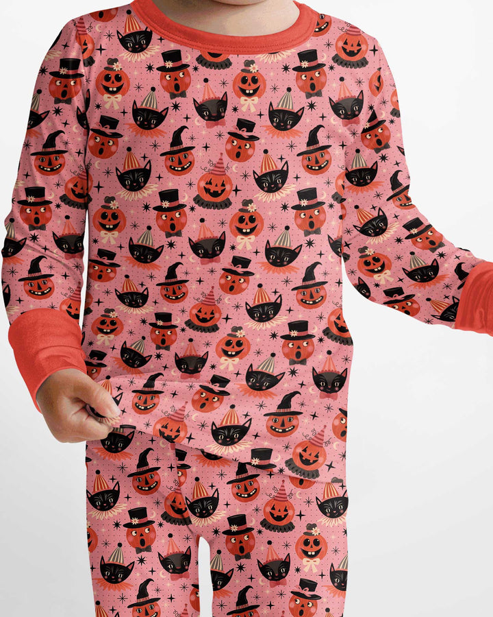 Retro Halloween Cats and Funny Pumpkins Bamboo Two Piece Long Sleeve Pajama Set