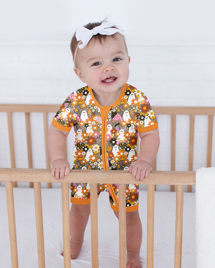 Retro Ghost Mushroom Floral Halloween Bamboo Shorty Zippy
