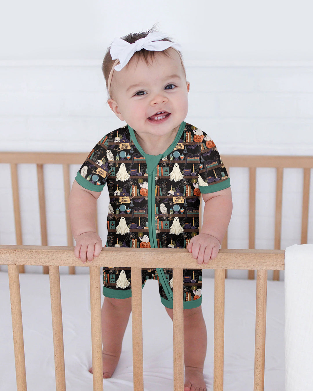 Cute Ghost Witchy Halloween Magic Library Bamboo Shorty Zippy
