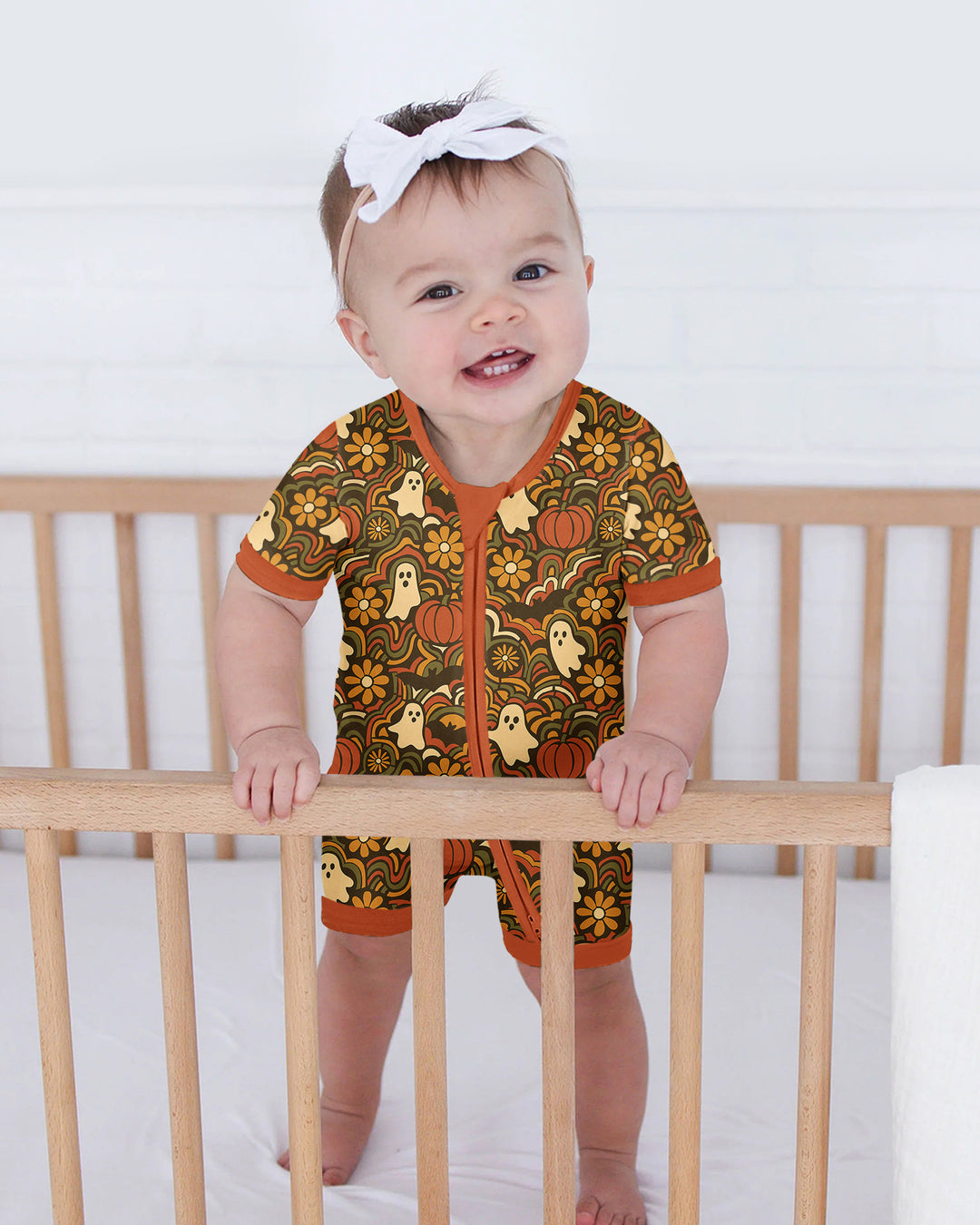 Retro Halloween Ghost Pumpkin Floral Bamboo Shorty Zippy