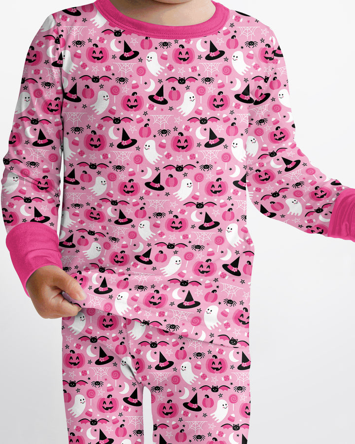 Cute Pink Halloween Ghost Pumpkin Witch Bamboo Two Piece Long Sleeve Pajama Set