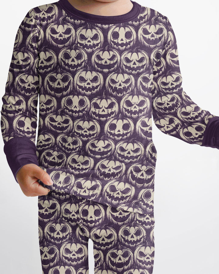 Retro Halloween Jack-O-Lantern Spooky Faces Bamboo Two Piece Long Sleeve Pajama Set
