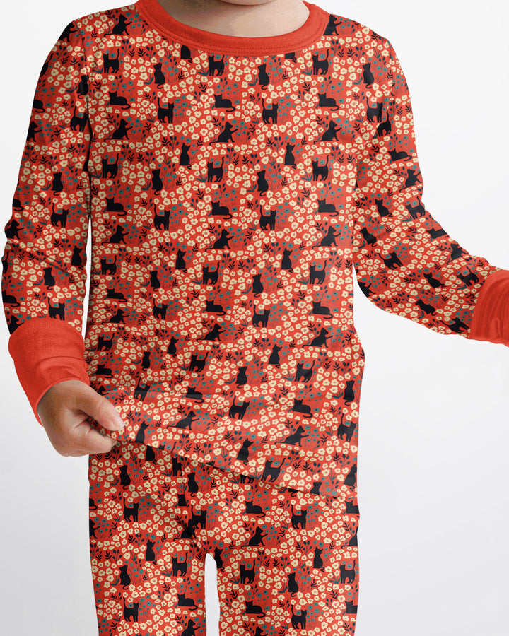 Black Cat Ditsy Bamboo Two Piece Long Sleeve Pajama Set