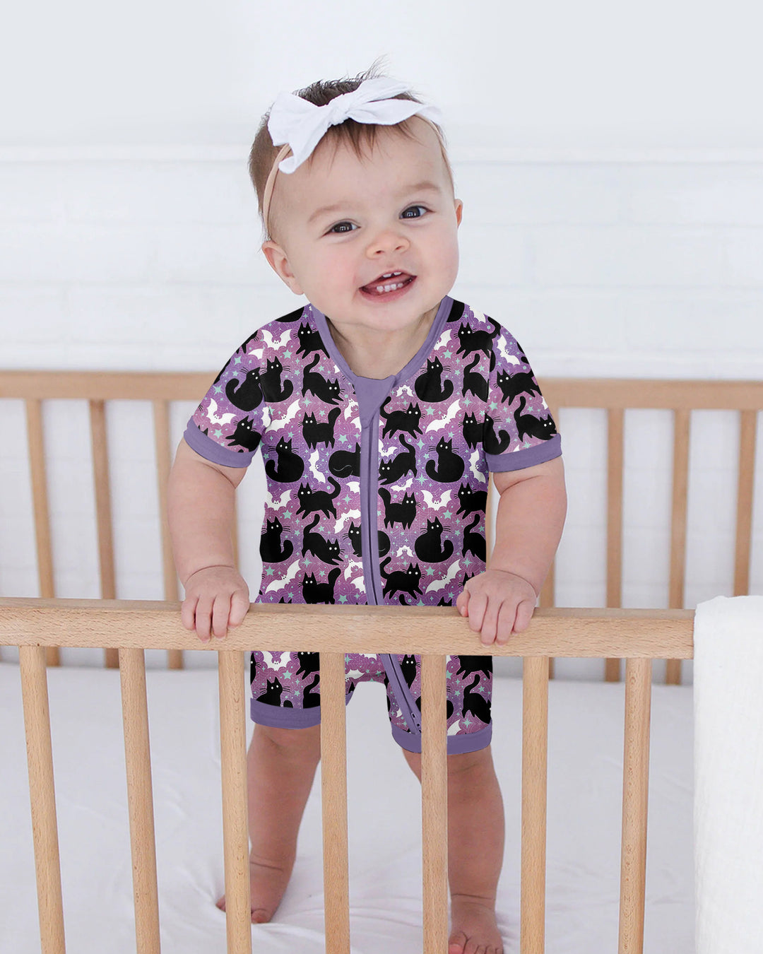 Spooky Black Cat Halloween Purple Bats Bamboo Shorty Zippy