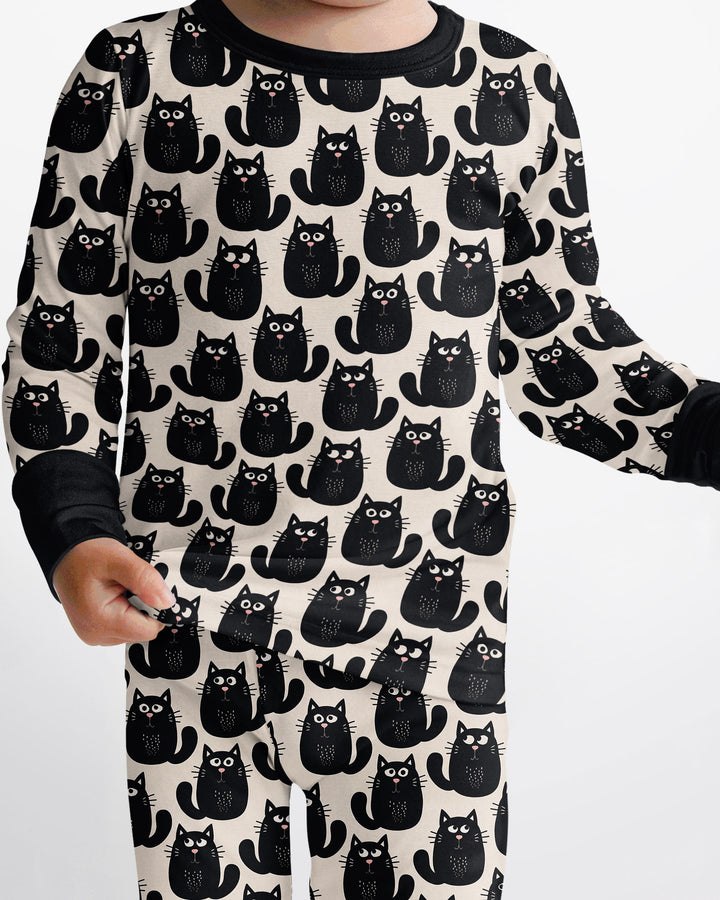 Moody Black Cats in Black and White Bamboo Two Piece Long Sleeve Pajama Set
