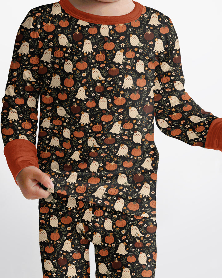 Ghost Pumpkin Harvest Floral Halloween Bamboo Two Piece Long Sleeve Pajama Set