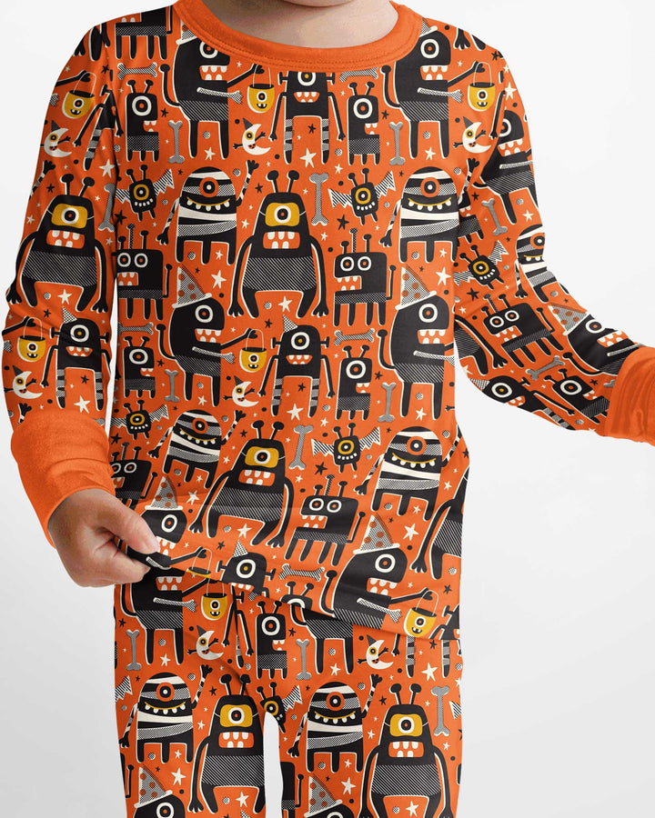 Mid Century Halloween Monster Toss Bamboo Two Piece Long Sleeve Pajama Set
