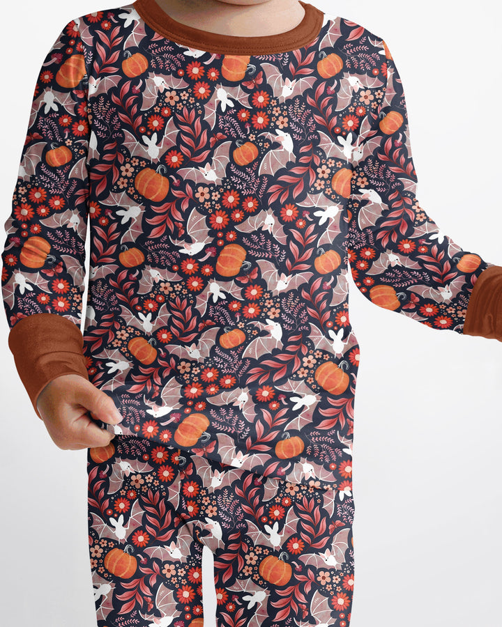 Bat Pumpkin Floral Halloween Bamboo Two Piece Long Sleeve Pajama Set