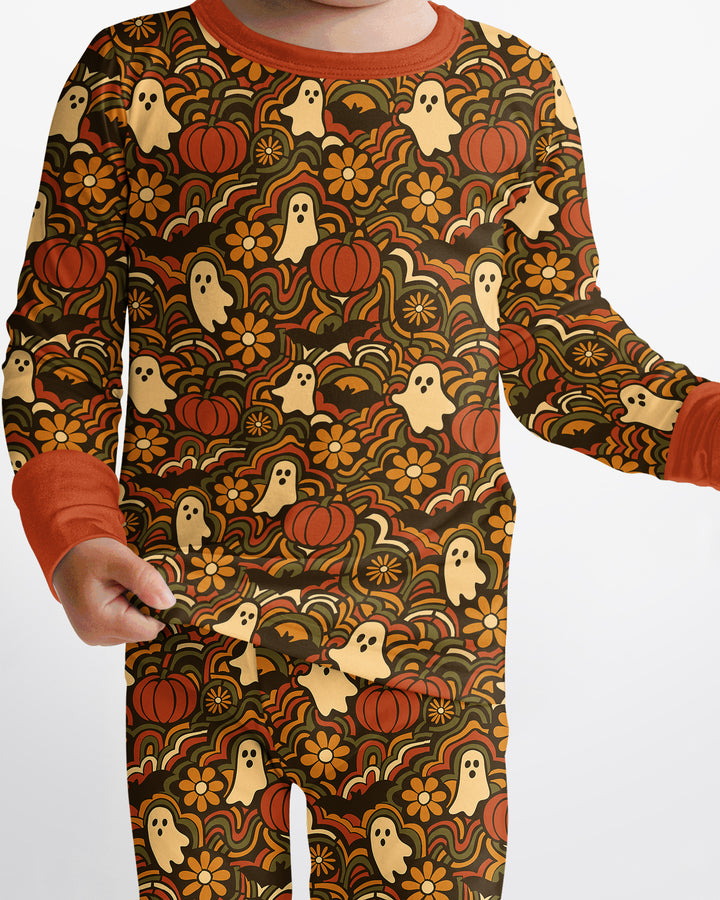 Retro Halloween Ghost Pumpkin Floral Bamboo Two Piece Long Sleeve Pajama Set