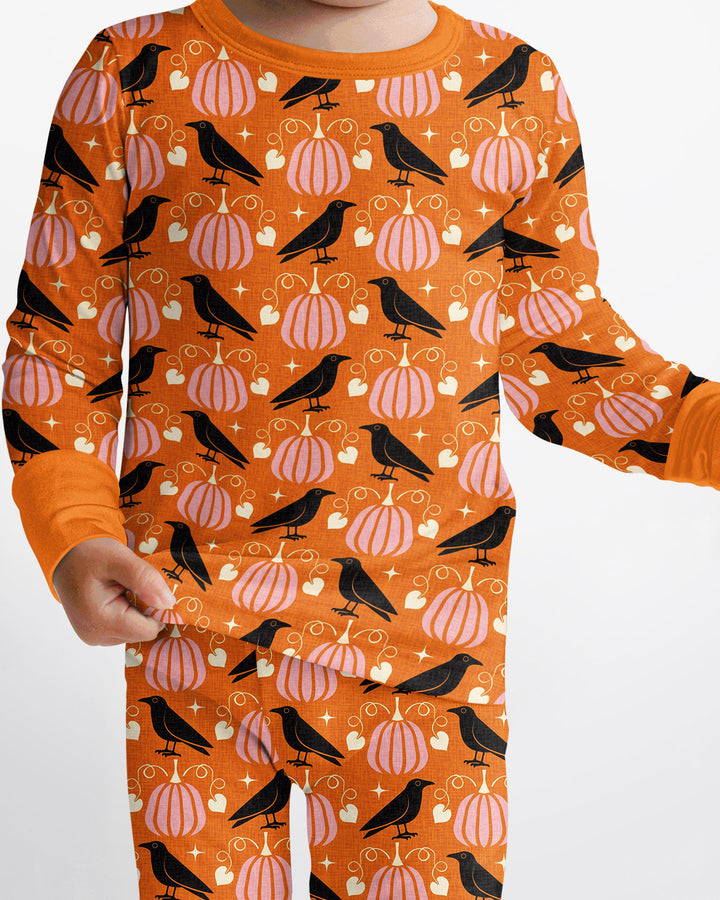 Ravens in a Pumpkin Patch - Orange Pink Bamboo Two Piece Long Sleeve Pajama Set