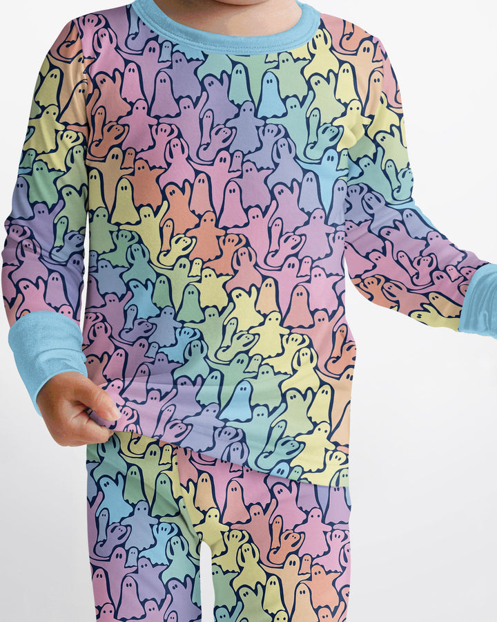 Pastel Rainbow Ghost Halloween Bamboo Two Piece Long Sleeve Pajama Set