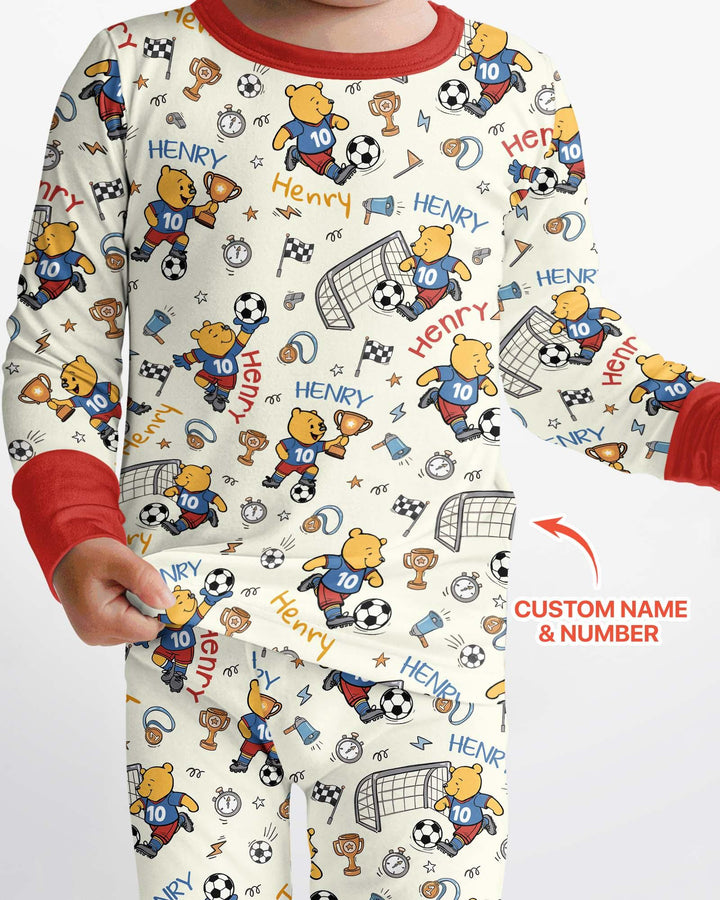 Personalized Classic Bear World Soccer Bamboo Two Piece Long Sleeve Pajama Set