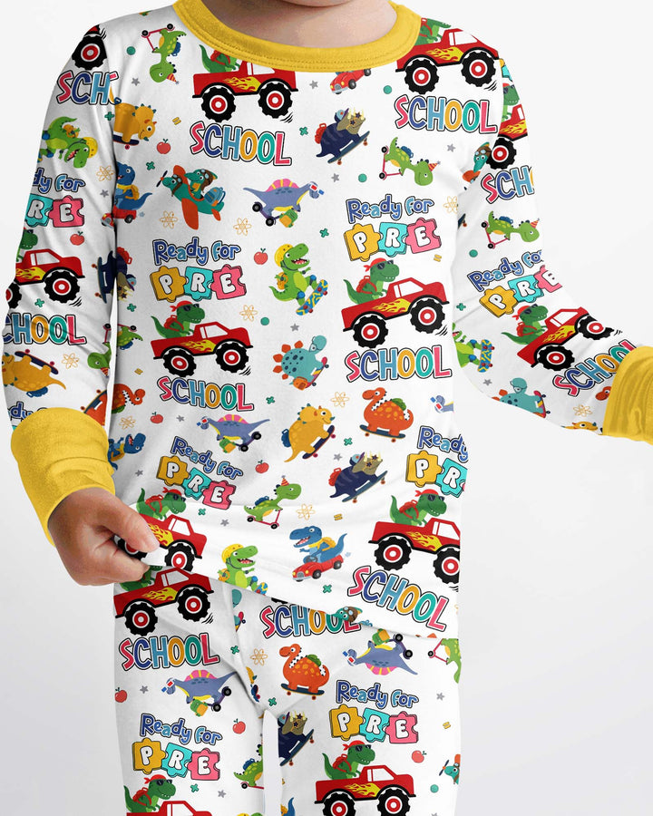 First Day of Preschool T-Rex Bamboo Two Piece Long Sleeve Pajama Set