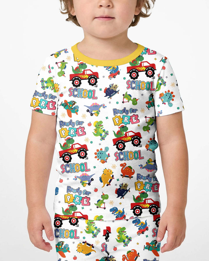 First Day of Preschool T-Rex Bamboo Two Piece Short Sleeve Shorts Pajama Set