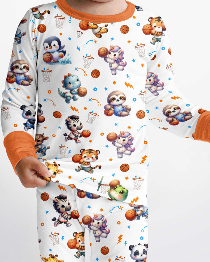Cartoon Basketball Animals Bamboo Two Piece Long Sleeve Pajama Set
