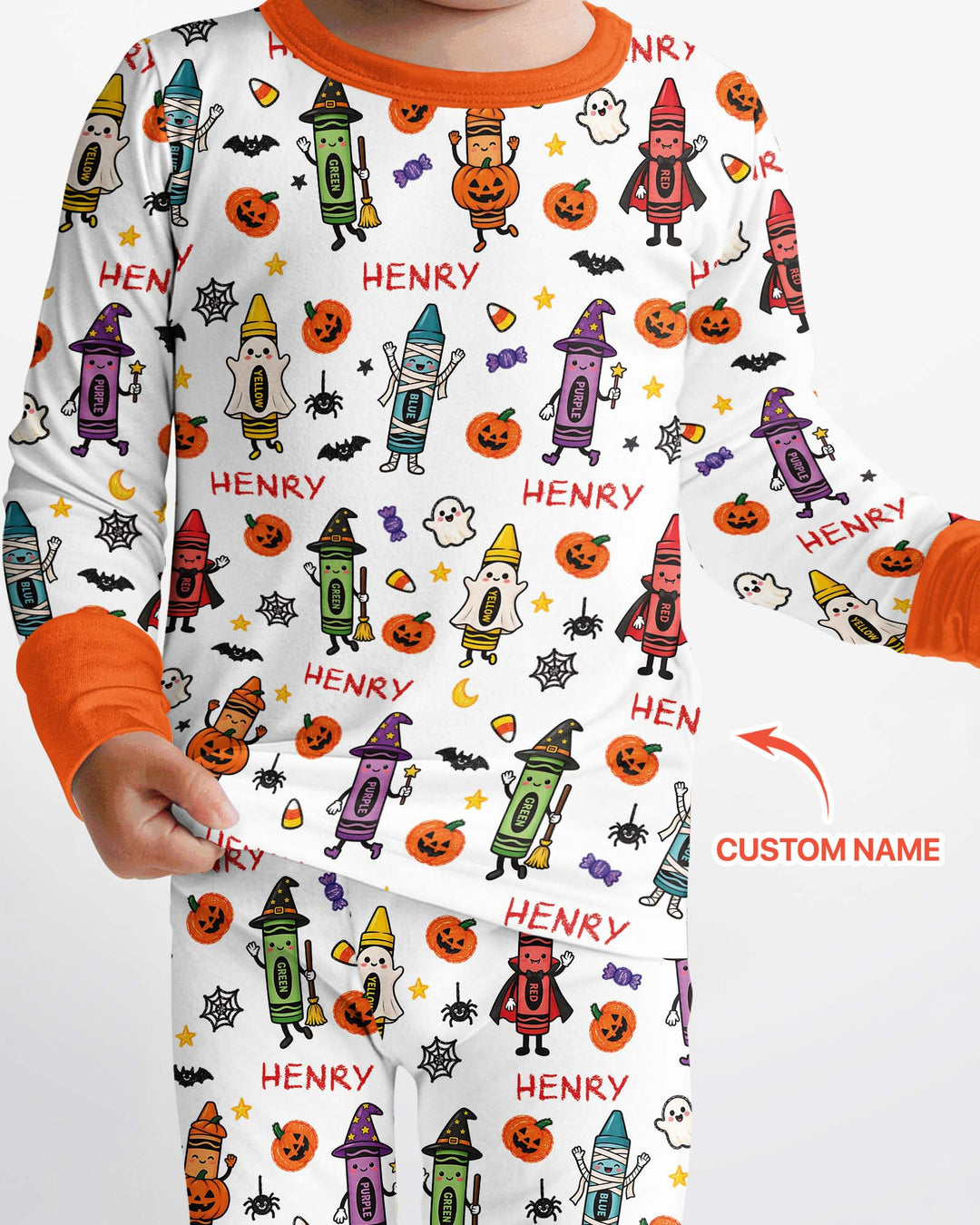 Custom Name Halloween Crayon Bamboo Two Piece Long Sleeve Pajama Set