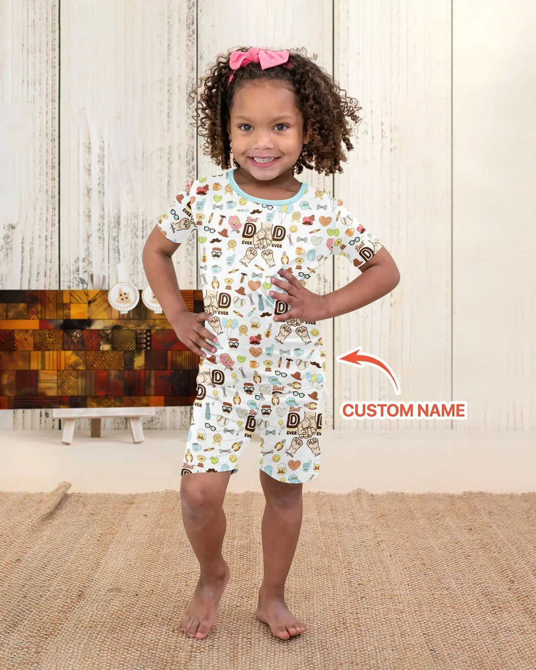 Custom Kids Name Best Dad Ever Bamboo Two Piece Short Sleeve Shorts Pajama Set