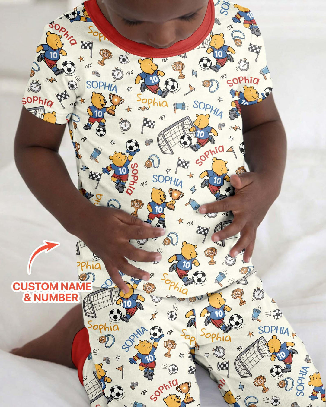 Personalized Classic Bear World Soccer Bamboo Two Piece Short Sleeve Pajama Set