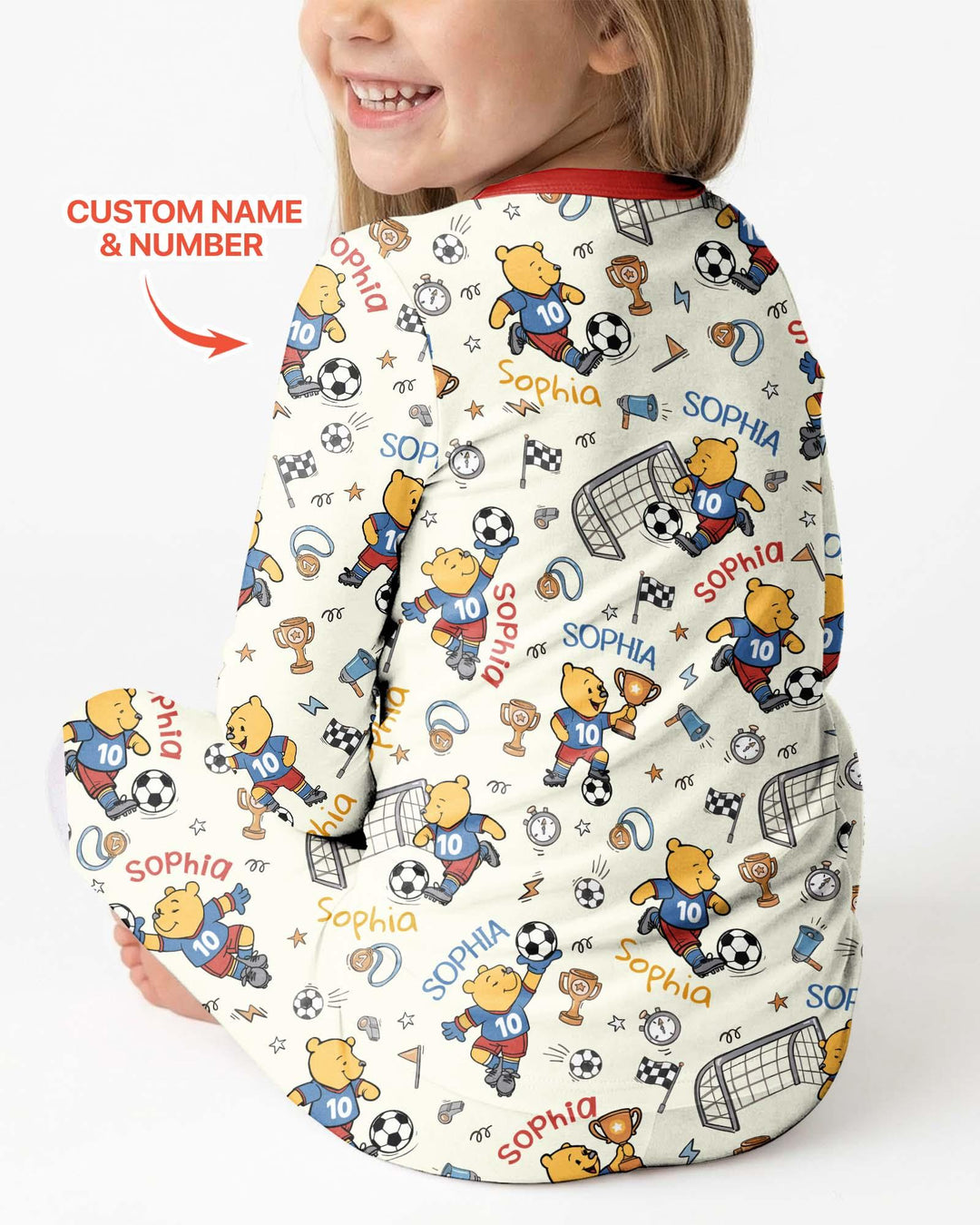 Personalized Classic Bear World Soccer Bamboo Two Piece Long Sleeve Pajama Set