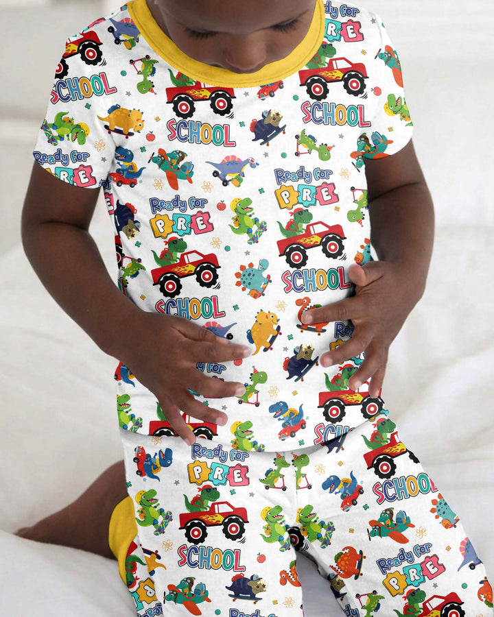 First Day of Preschool T-Rex Bamboo Two Piece Short Sleeve Pajama Set