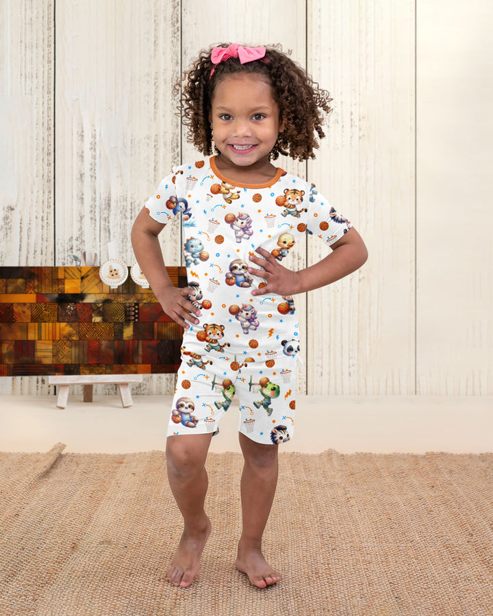Cartoon Basketball Animals Bamboo Two Piece Short Sleeve Shorts Pajama Set