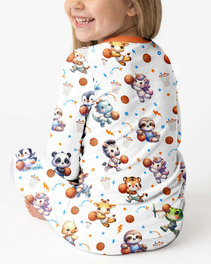 Cartoon Basketball Animals Bamboo Two Piece Long Sleeve Pajama Set
