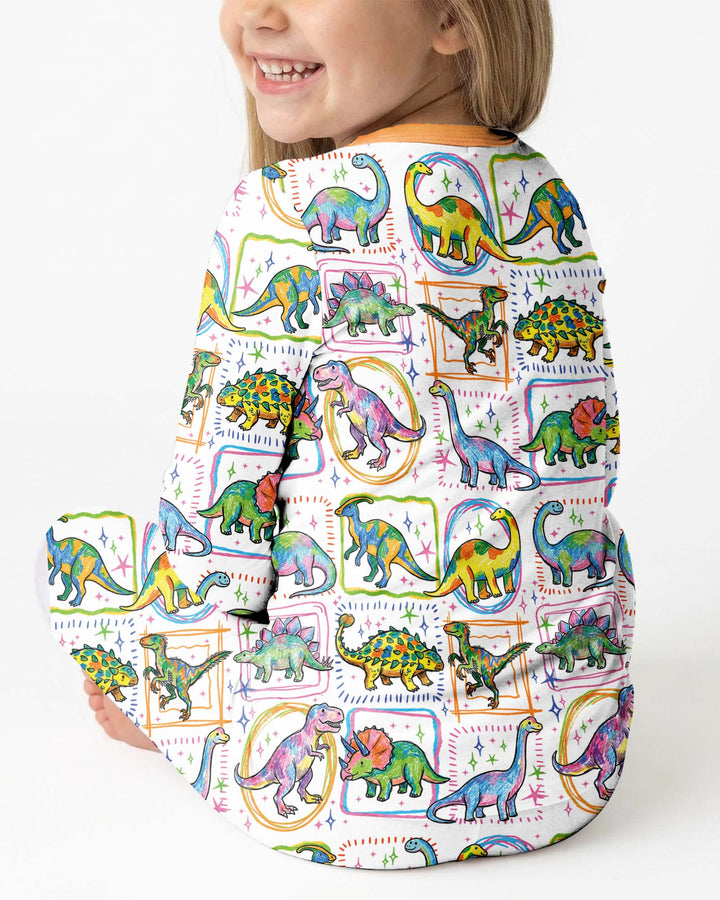 Dinosaur Colorful Stamps Bamboo Two Piece Long Sleeve Pajama Set