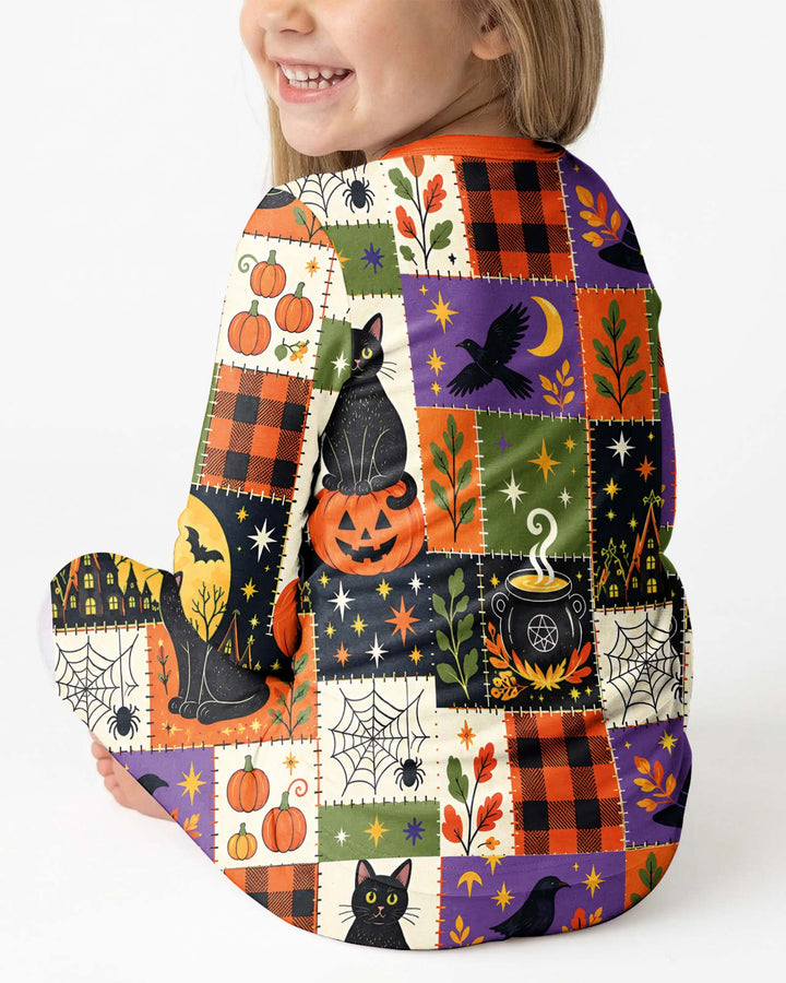 Halloween Black Cat Patchwork Bamboo Two Piece Long Sleeve Pajama Set