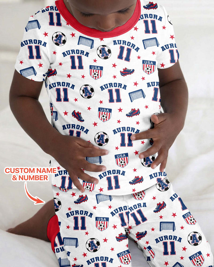 Custom Name Soccer Time Bamboo Two Piece Short Sleeve Pajama Set