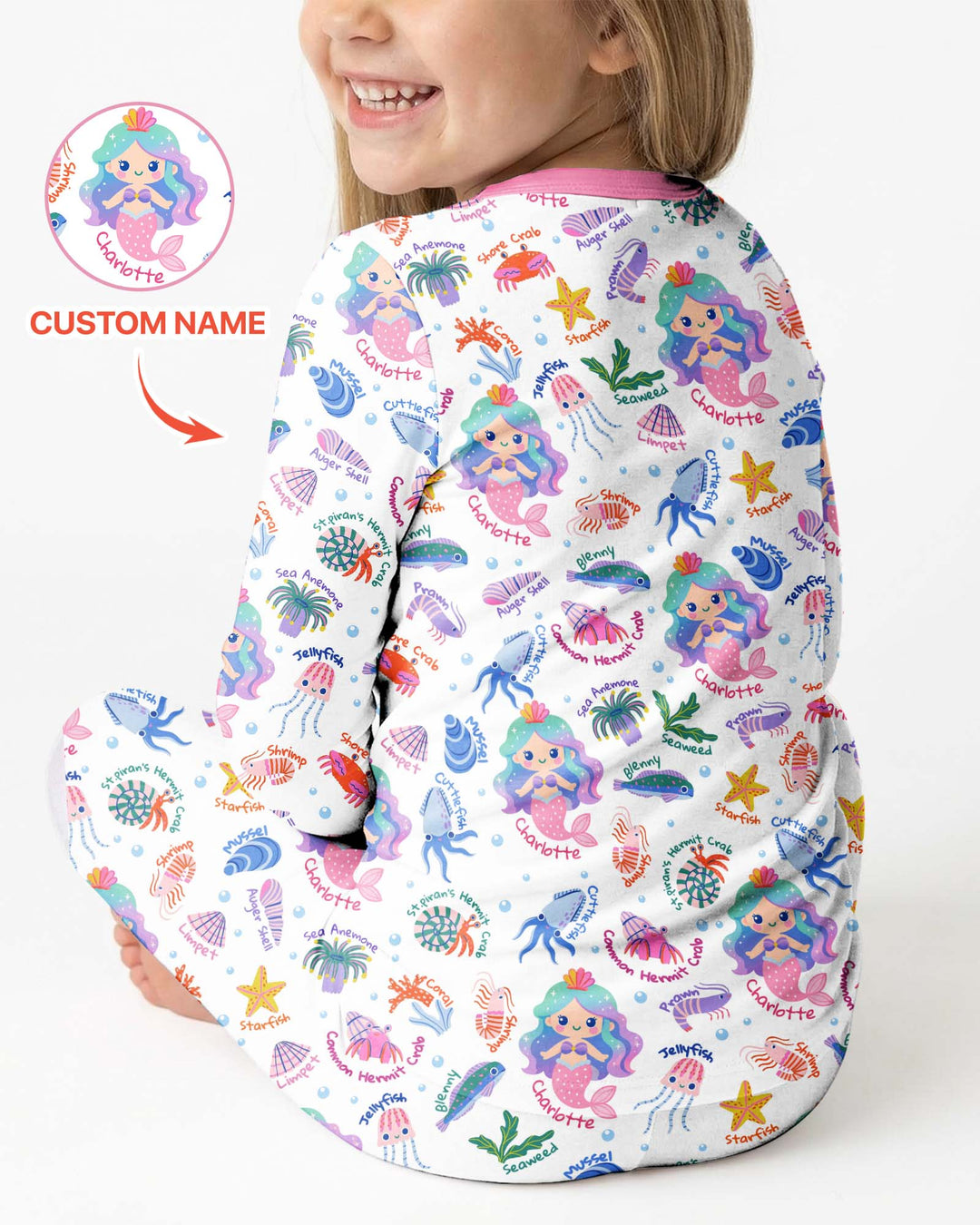Personalized Cute Mermaid Bamboo Two Piece Long Sleeve Pajama Set