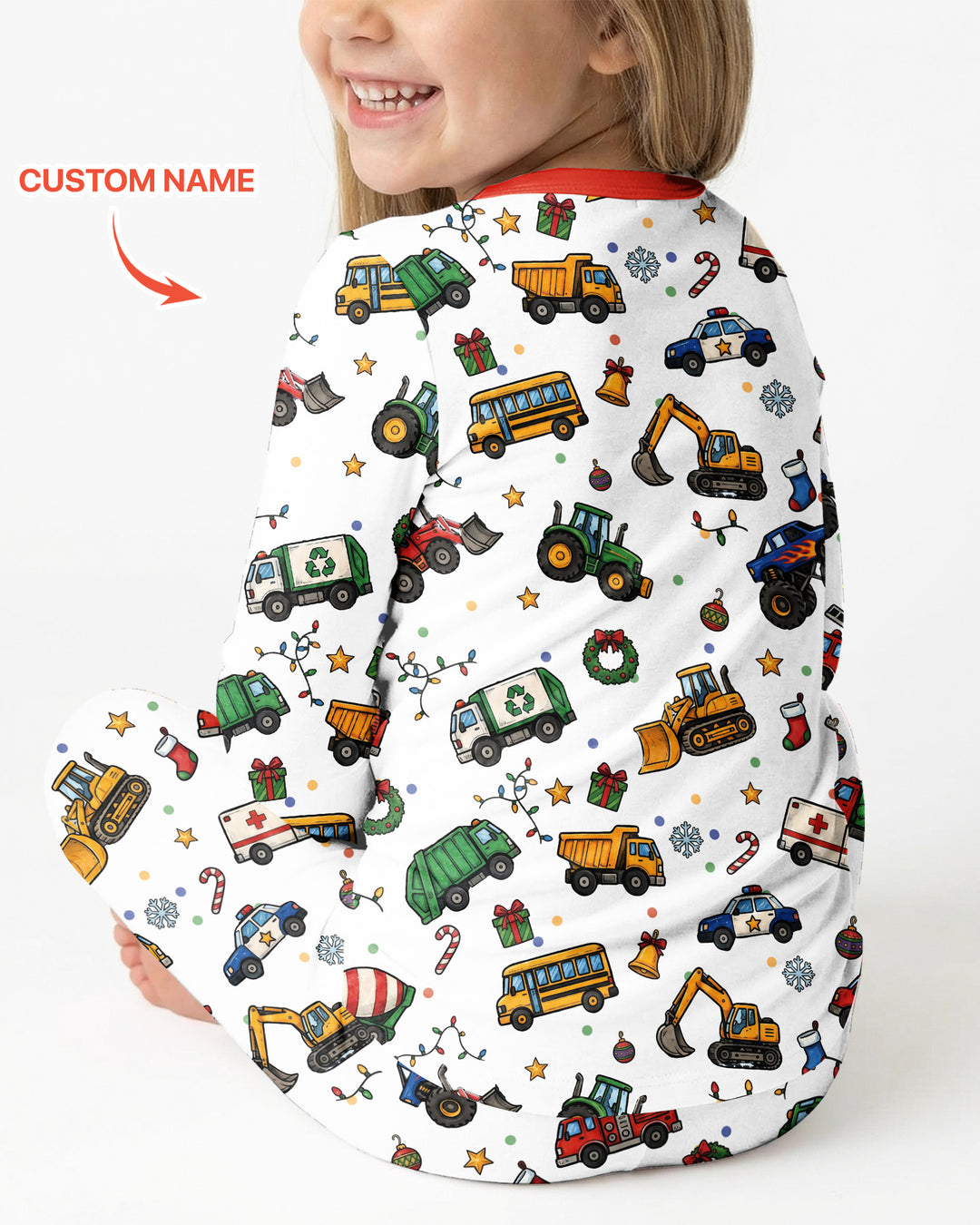 Custom Name Little Trucks Christmas Tree Bamboo Two Piece Long Sleeve Pajama Set