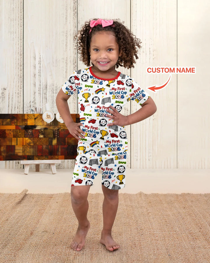 Custom Name My First Soccer Cup Bamboo Two Piece Short Sleeve Shorts Pajama Set