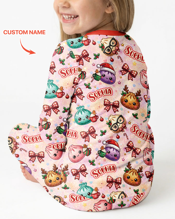 Custom Name Merry Christmas Dumpling Bamboo Two Piece Long Sleeve Pajama Set