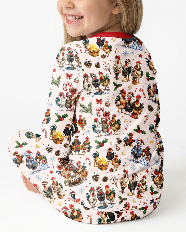 Funny Roosters On Christmas Bamboo Two Piece Long Sleeve Pajama Set