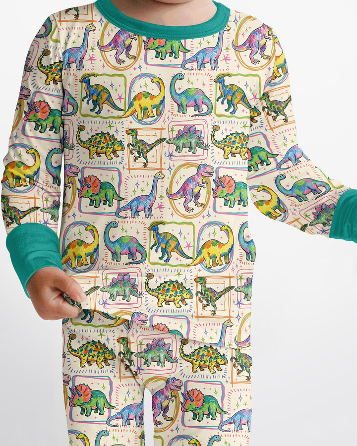 Colorful Dino Sketchbook Bamboo Two Piece Long Sleeve Pajama Set