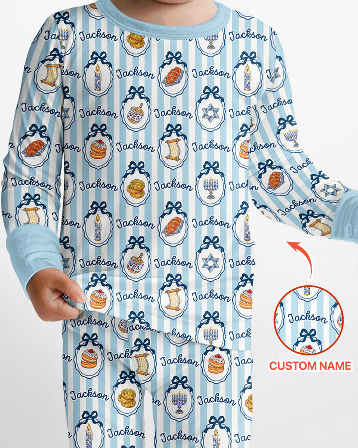 Custom Name Hanukkah Striped Bamboo Two Piece Long Sleeve Pajama Set