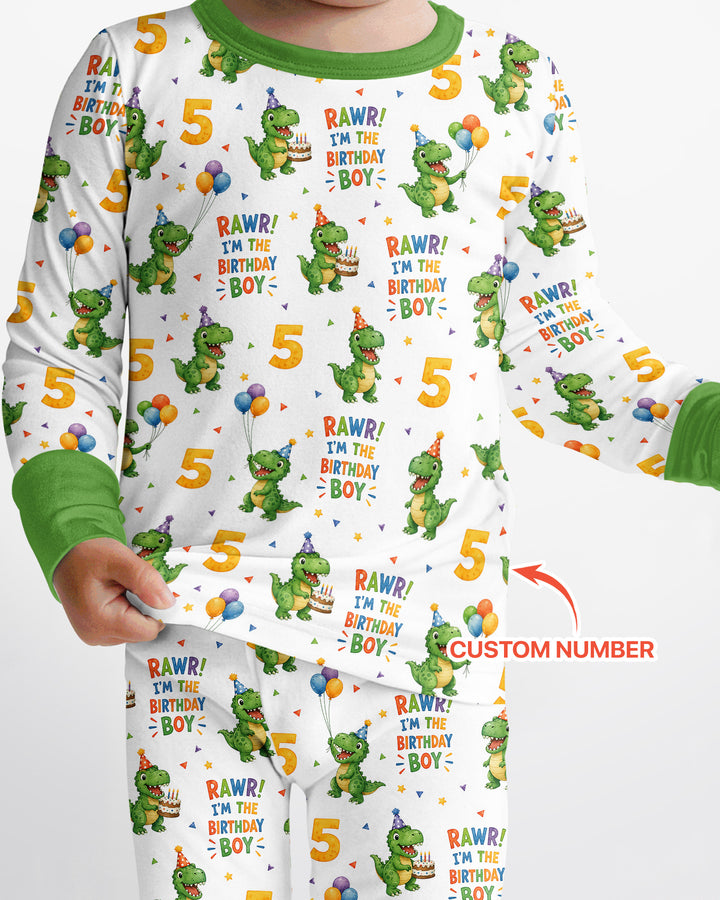Personalized Dinosaur Birthday Boy Bamboo Two Piece Long Sleeve Pajama Set