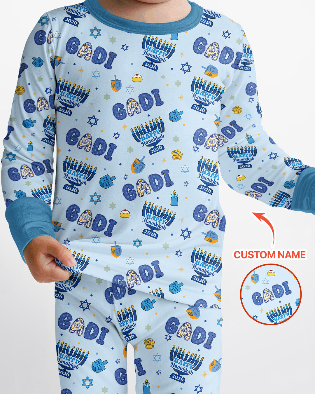 Custom name Happy Hanukkah 2026 Bamboo Two Piece Long Sleeve Pajama Set