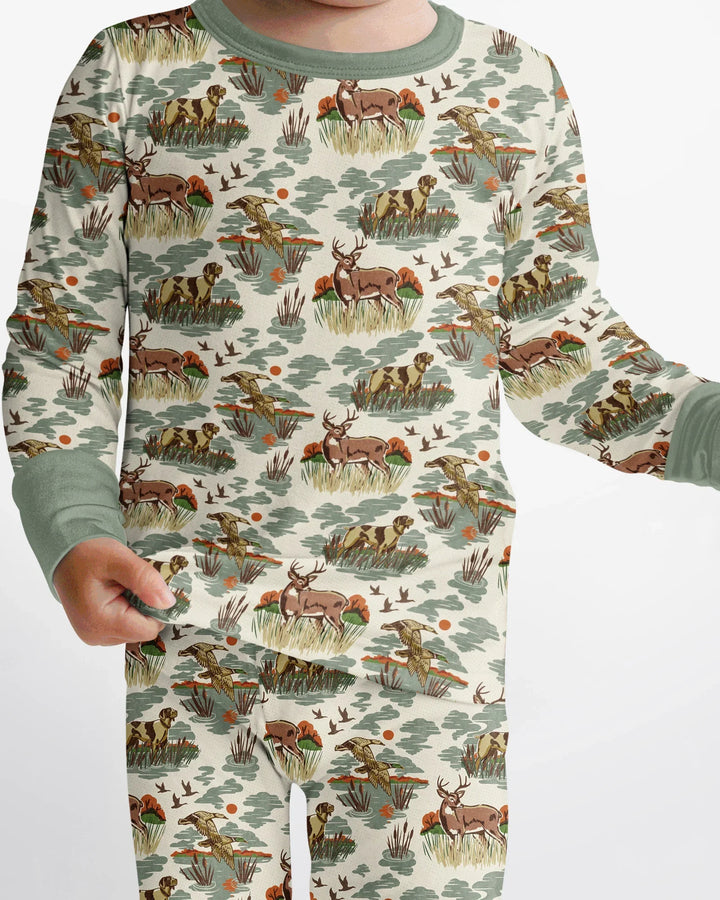 Vintage Hunting Season Daddy& Me Matching Bamboo Two Piece Long Sleeve Pajama Set