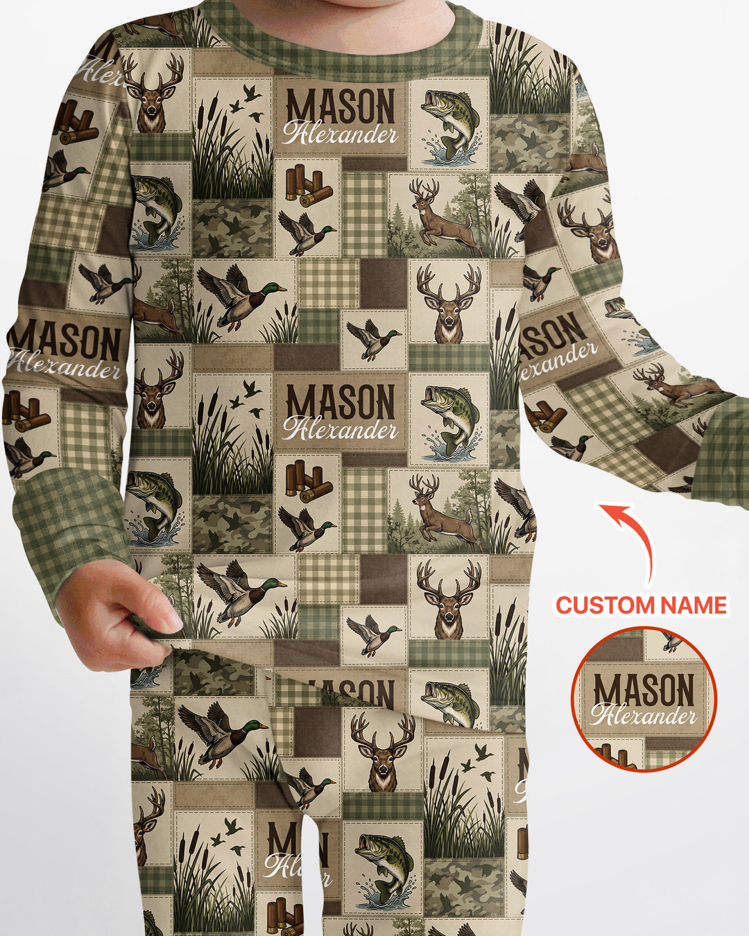Personalized Hunting Patchwork Bamboo Two Piece Long Sleeve Pajama Set