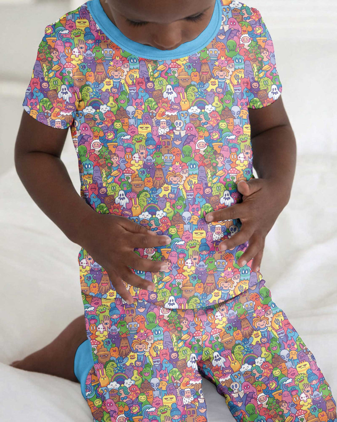 Doodle Characters Pastel Bamboo Two Piece Short Sleeve Pajama Set