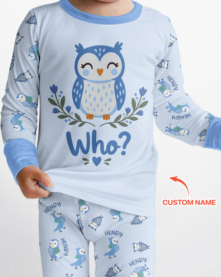 Custom Name Twin Owl Who's Who Bamboo Two Piece Long Sleeve Pajama Set